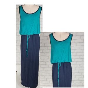 Brenda's Boutique Colorblock Navy & Aqua Knit Racerback Sleeveless Maxi Dress